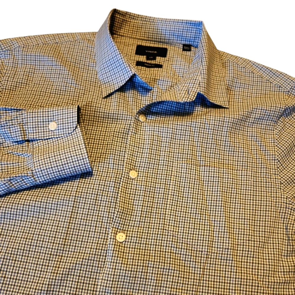 Vince Classic Fit Men's Gray & White Checked Button-up Size Large
